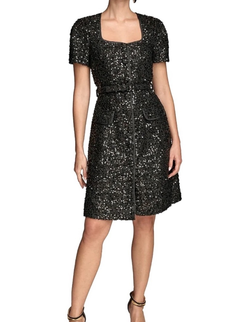DONNA KARAN New York Sequin Tweed Boucle Square Neck Belted Dress 12 NWT
